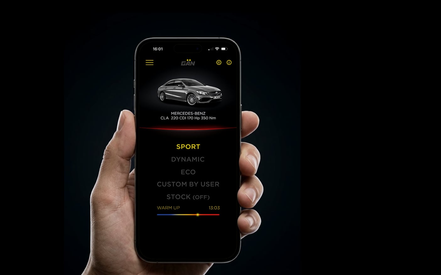 Application GAN sur smartphone : modes SPORT, DYNAMIC, ECO, CUSTOM BY USER et STOCK